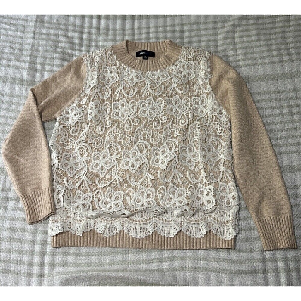 Alice blue Embellished Applique Sweater Cream WOMENS XL crochet boho lace tan